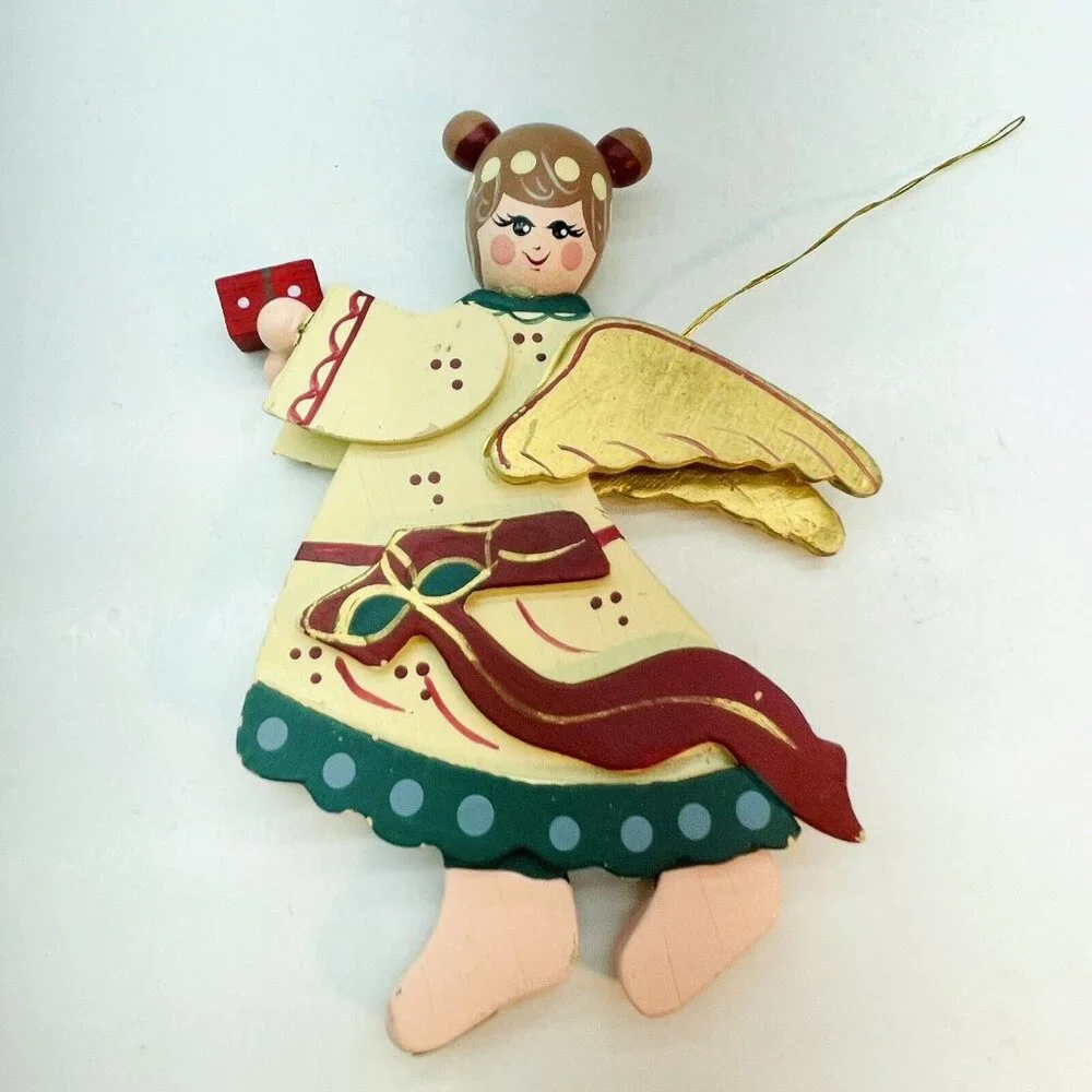 Vintage Whimsical Wooden Angel Gold Wings Handmade Christmas Old Charm Ornament